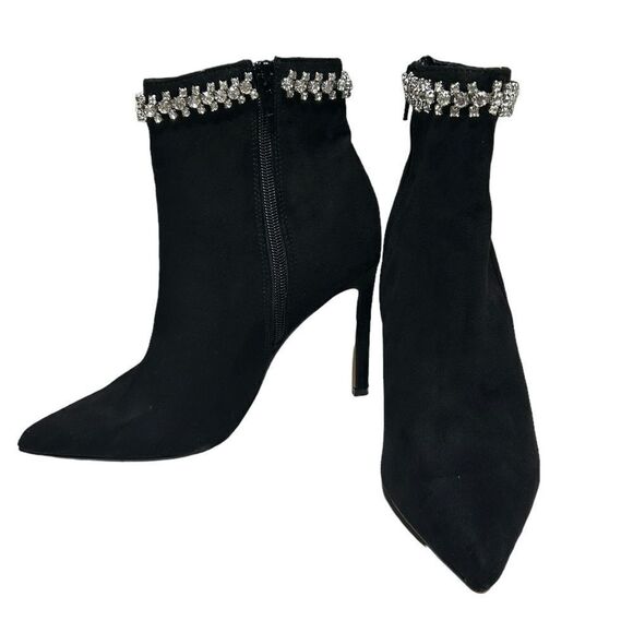 Express Black Faux Suede Ankle Booties Heeled Boots Gemstone Top Pointed Toe - Picture 3 of 9